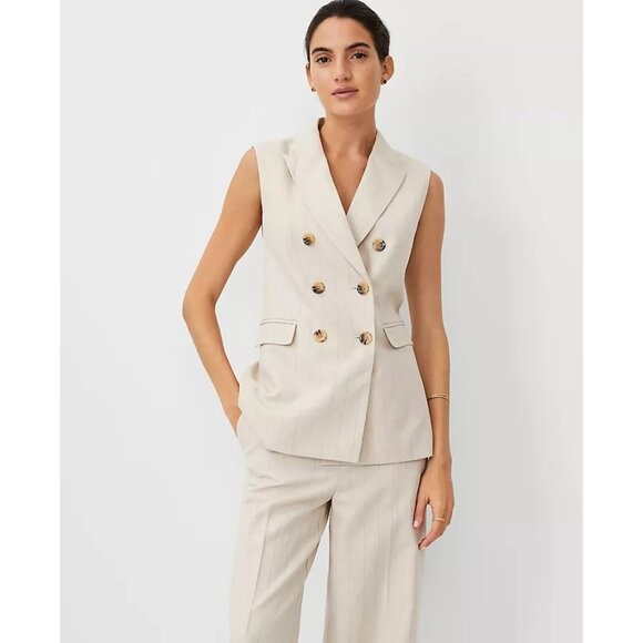 Ann Taylor Pinstripe Long Double Breasted Vest in Cream - Picture 2 of 4